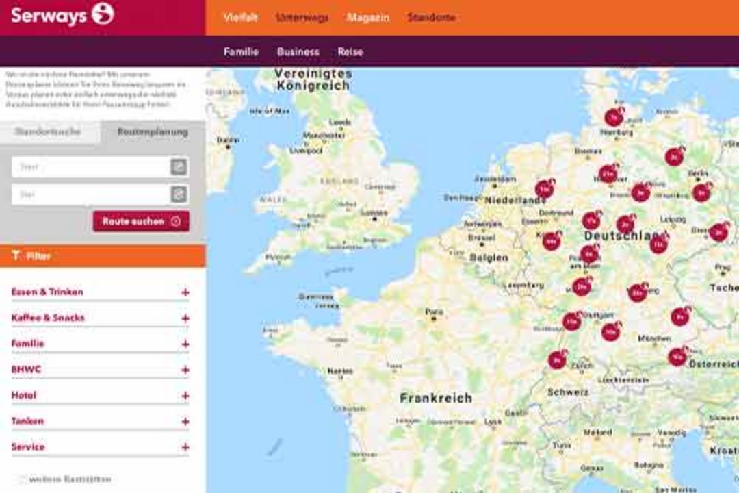 Website mit Standortkarte der Serways Raststätten