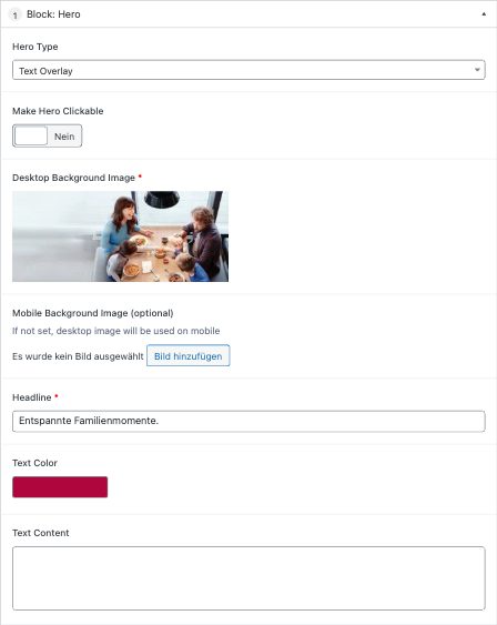 Hero Block – Typ Text Overlay im WordPress-Backend