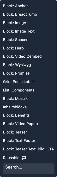 Add Component Popup – Blockauswahl