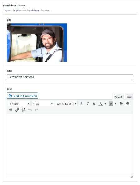 Fernfahrer Teaser im Backend